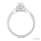 1/2 Ctw Criss Cross Shank Round Cut Diamond Engagement Ring With 1/3 Ct Emerald Cut Diamond Center Stone in 14K White Gold